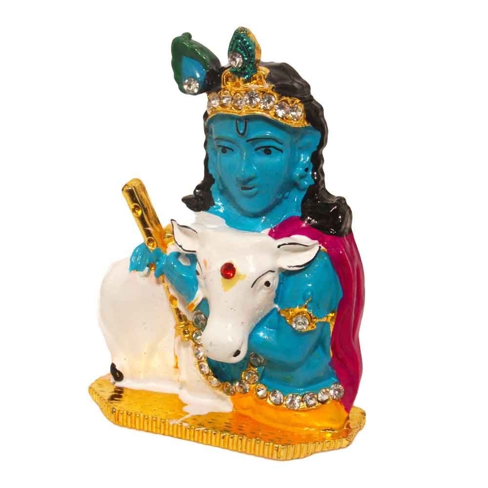 Gold Plated Metallic Cow Krishna Statue Small Idol 3 Inch ( 8 cm )
