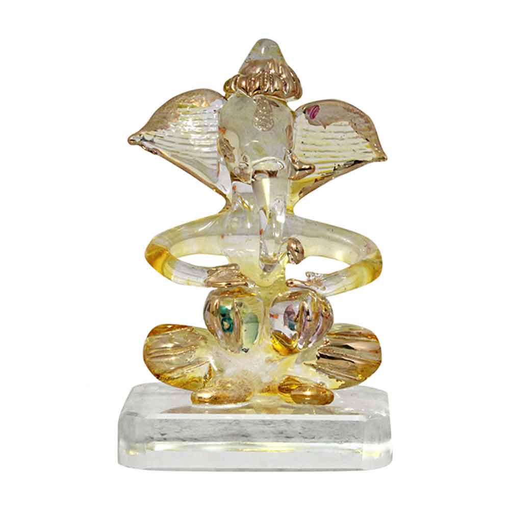Crystal Glass Gold Line Ganesha Statue Idol 3.5 Inch