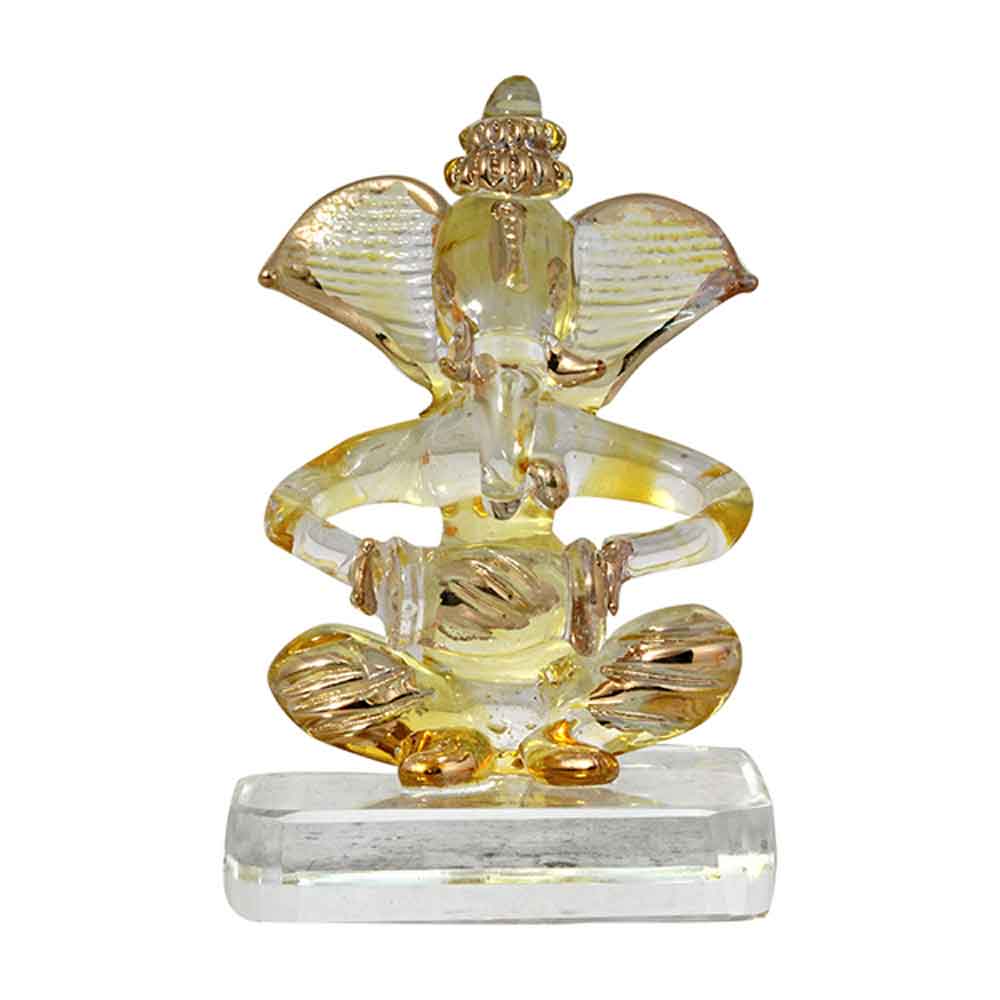 Crystal Glass Gold Line Ganesha Statue Gift 3.5 Inch