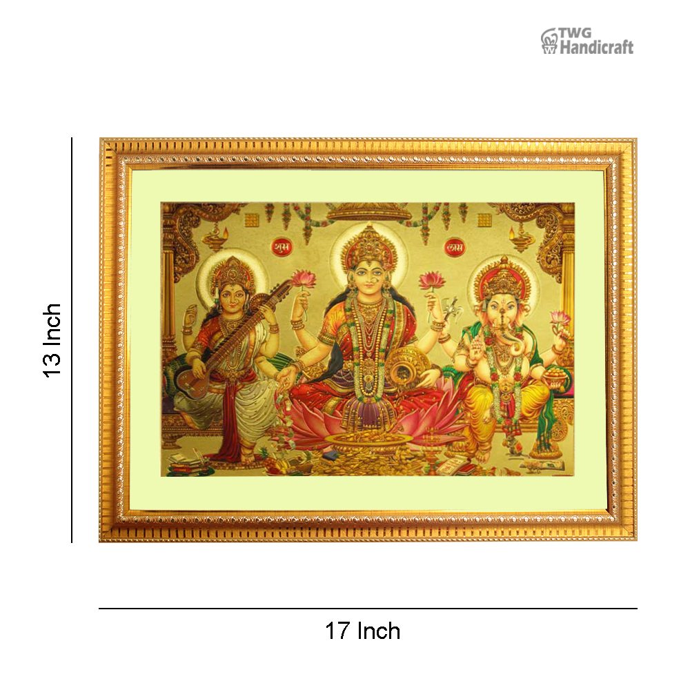 Manufacturer & Wholesaler of 24K Golden Foil Laxmi Ganesh Saraswati Photo Frame for Puja Mandir